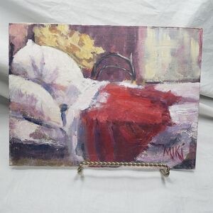 Original Painting 9 x 12 Canvas Bed Red Throw Still Life Impressionism